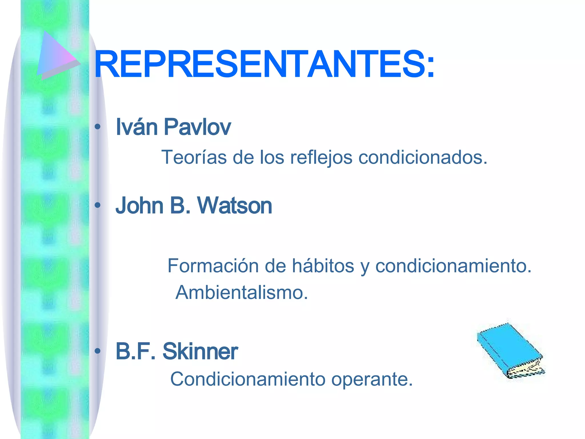 REPRESENTANTES: Iván Pavlov Teorías de los reflejos condicionados. John B. Watson  Formación de hábitos y condicionamiento. Ambientalismo. B.F. Skinner  Condicionamiento operante. 