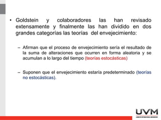 • Goldstein y colaboradores las han revisado
extensamente y finalmente las han dividido en dos
grandes categorías las teorías del envejecimiento:
– Afirman que el proceso de envejecimiento sería el resultado de
la suma de alteraciones que ocurren en forma aleatoria y se
acumulan a lo largo del tiempo (teorías estocásticas)
– Suponen que el envejecimiento estaría predeterminado (teorías
no estocásticas).
 