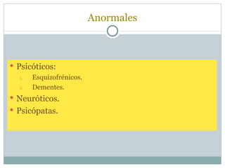 Anormales



 Psicóticos:
   1. Esquizofrénicos.
   2. Dementes.
 Neuróticos.
 Psicópatas.
 
