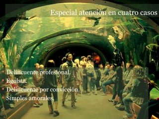 Especial atención en cuatro casos




 Delincuente profesional.
 Egoísta.
 Delincuente por convicción.
 Simples amorales.
 