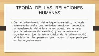 TEORÍA DE LAS RELACIONES 
HUMANAS 
• Con el advenimiento del enfoque humanístico, la teoría 
administrativa sufre una verdadera revolución conceptual: 
la transferencia del énfasis antes puesto en la tarea 
(por la administración científica) y en la estructura 
organizacional (por la teoría clásica de la administración) 
al énfasis en las personas que trabajan o que participan 
en las organizaciones. 
 