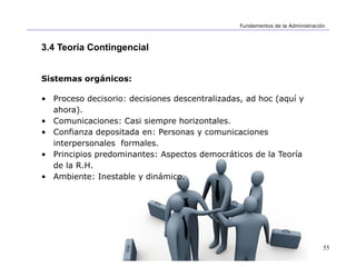 55
Fundamentos de la Administración
3.4 Teoría Contingencial
Sistemas orgánicos:
• Proceso decisorio: decisiones descentralizadas, ad hoc (aquí y
ahora).
• Comunicaciones: Casi siempre horizontales.
• Confianza depositada en: Personas y comunicaciones
interpersonales formales.
• Principios predominantes: Aspectos democráticos de la Teoría
de la R.H.
• Ambiente: Inestable y dinámico.
 
