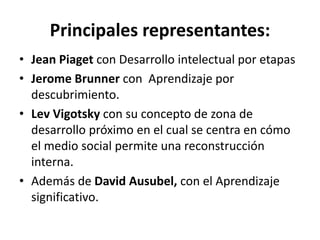 Principales representantes:
• Jean Piaget con Desarrollo intelectual por etapas
• Jerome Brunner con Aprendizaje por
descu...