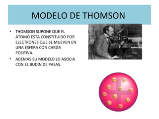 MODELO DE THOMSON
• THOMSON SUPONE QUE EL
ÀTOMO ESTA CONSTITUIDO POR
ELECTRONES QUE SE MUEVEN EN
UNA ESFERA CON CARGA
POSITIVA.
• ADEMAS SU MODELO LO ASOCIA
CON EL BUDIN DE PASAS.
 