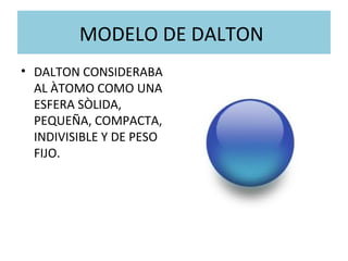 MODELO DE DALTON
• DALTON CONSIDERABA
AL ÀTOMO COMO UNA
ESFERA SÒLIDA,
PEQUEÑA, COMPACTA,
INDIVISIBLE Y DE PESO
FIJO.
 