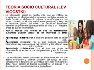 TEORIA SOCIO CULTURAL (LEV
VIGOSTKI)
 La interacción social es mucho más que un método de
enseñanza: es el origen de los procesos mentales superiores.
“cada función en el desarrollo cultural de un niño aparece dos
veces: primero, en el nivel social (entre personas) y luego en
el individual (dentro del niño). Las funciones superiores
(resolver un problema) aparecen entre el niño y un “maestro”
antes de que se internalicen.
 Hay al menos tres formas en que las herramientas
culturales pueden pasar de un individuo a otro:
 Aprendizaje imitativo: Por el que una persona trata de imitar
a otra.
Aprendizaje instruido: Por el que quienes aprenden
internalizan las instrucciones del maestro y las utilizan para
autorregularse.
Aprendizaje colaborativo: por el que un grupo de
compañeros se esfuerza por comprenderse y en el proceso
ocurre aprendizaje.
 Los estudiantes deben colocarse en situaciones en las que
deben esforzarse y también disponer del apoyo de otros
compañeros y del profesor. En trabajo con otros compañeros
debe hacer posible el trabajo cooperativo. El dialogo y la
discusión son rutas importantes al aprendizaje.
 