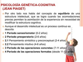  Por otro lado nos habla del concepto de equilibrio de una
estructura intelectual, que se logra cuando las acomodaciones
previas permiten la asimilación de la experiencia sin necesidad de
modificar la estructura cognitiva.
 Aunque el desarrollo intelectual es un proceso continuo es
descrito
 1 Periodo sensoriomotor (0-2 años)
 2 Periodo preoperatorio (2-6 años)
 2.1 Pensamiento simbólico y preconceptual (2-4 años)
 2.2 Pensamiento intuitivo (4-6 años)
 3 Periodo de las operaciones concretas (7-11 años)
 4 Periodo de las operaciones formales (desde 11-12 años)
PSICOLOGÍA GENÉTICA-COGNITIVA
(JEAN PIAGET)
 