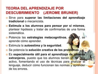  Sirve para superar las limitaciones del aprendizaje
tradicional o mecanicista.
 Estimula a los alumnos para pensar por sí mismos,
plantear hipótesis y tratar de confirmarlas de una forma
sistemática.
 Potencia las estrategias metacognitivas, es decir, se
aprende cómo aprender.
 Estimula la autoestima y la seguridad.
 Se potencia la solución creativa de los problemas.
 Es especialmente útil para el aprendizaje de idiomas
extranjeros, puesto que los alumnos tienen un rol muy
activo, fomentando el uso de técnicas para analizar el
lenguaje, deducir cómo funcionan las normas y aprender
de los errores.
TEORIA DEL APRENDIZAJE POR
DESCUBRIMIENTO (JEROME BRUNER)
 