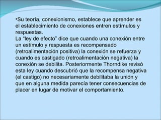 Su teoría, conexionismo, establece que aprender es el establecimiento de conexiones entren estímulos y respuestas.  La “ley de efecto” dice que cuando una conexión entre un estímulo y respuesta es recompensado (retroalimentación positiva) la conexión se refuerza y cuando es castigado (retroalimentación negativa) la conexión se debilita. Posteriormente Thorndike revisó esta ley cuando descubrió que la recompensa negativa (el castigo) no necesariamente debilitaba la unión y que en alguna medida parecía tener consecuencias de placer en lugar de motivar el comportamiento.  