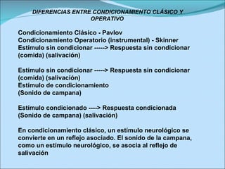 DIFERENCIAS ENTRE CONDICIONAMIENTO CLÁSICO Y  OPERATIVO  Condicionamiento Clásico - Pavlov Condicionamiento Operatorio (instrumental) - Skinner Estímulo sin condicionar -----> Respuesta sin condicionar  (comida) (salivación) Estímulo sin condicionar -----> Respuesta sin condicionar  (comida) (salivación) Estímulo de condicionamiento (Sonido de campana) Estímulo condicionado ----> Respuesta condicionada (Sonido de campana) (salivación) En condicionamiento clásico, un estímulo neurológico se convierte en un reflejo asociado. El sonido de la campana, como un estímulo neurológico, se asocia al reflejo de salivación 