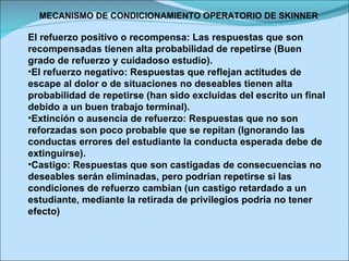 MECANISMO DE CONDICIONAMIENTO OPERATORIO DE SKINNER El refuerzo positivo o recompensa: Las respuestas que son recompensadas tienen alta probabilidad de repetirse (Buen grado de refuerzo y cuidadoso estudio). El refuerzo negativo: Respuestas que reflejan actitudes de escape al dolor o de situaciones no deseables tienen alta probabilidad de repetirse (han sido excluidas del escrito un final debido a un buen trabajo terminal). Extinción o ausencia de refuerzo: Respuestas que no son reforzadas son poco probable que se repitan (Ignorando las conductas errores del estudiante la conducta esperada debe de extinguirse). Castigo: Respuestas que son castigadas de consecuencias no deseables serán eliminadas, pero podrían repetirse si las condiciones de refuerzo cambian (un castigo retardado a un estudiante, mediante la retirada de privilegios podría no tener efecto) 