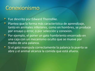 Fue descrito por Edward Thorndike.
Plantea que la forma más característica de aprendizaje,
tanto en animales inferiores, como en hombres, se produce
por ensayo y error, o por selección y conexión.
Por ejemplo, el poner un gato hambriento encerrado en
una caja con un mecanismo oculto que se mueve por
medio de una palanca.
Si el gato manipula correctamente la palanca la puerta se
abre y el animal alcanza la comida que está afuera.
 