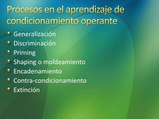 Generalización
Discriminación
Priming
Shaping o moldeamiento
Encadenamiento
Contra-condicionamiento
Extinción
 