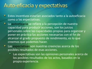Estos incentivos estarían asociados tanto a la autoeficacia
como a las expectativas.
La autoeficacia se refiere a la percepción de nuestra
capacidad para producir acciones, son los juicios
personales sobre las capacidades propias para organizar y
poner en práctica las acciones necesarias con el fin de
alcanzar el grado propuesto de rendimiento, es lo que
creemos que podemos hacer.
Las expectativas son nuestras creencias acerca de los
posibles resultados de esas acciones.
Las expectativas son las opiniones personales acerca de
los posibles resultados de los actos, basados en la
propia experiencia.
 