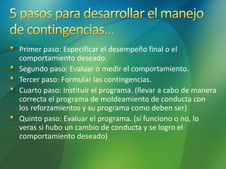 Primer paso: Especificar el desempeño final o el
comportamiento deseado.
Segundo paso: Evaluar o medir el comportamiento.
Tercer paso: Formular las contingencias.
Cuarto paso: Instituir el programa. (llevar a cabo de manera
correcta el programa de moldeamiento de conducta con
los reforzamientos y su programa como deben ser)
Quinto paso: Evaluar el programa. (sí funciono o no, lo
veras si hubo un cambio de conducta y se logro el
comportamiento deseado)
 