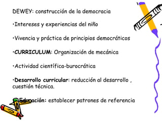 DEWEY: construcción de la democracia

•Intereses y experiencias del niño

•Vivencia y práctica de principios democráticos

•CURRICULUM: Organización de mecánica

•Actividad científica-burocrática

•Desarrollo curricular: reducción al desarrollo ,
cuestión técnica.

• Educación: establecer patrones de referencia
 