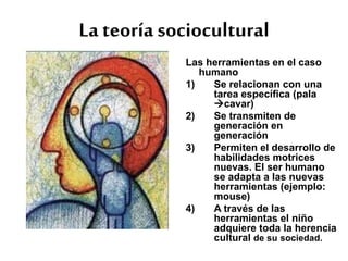 La teoría sociocultural
Las herramientas en el caso
humano
1) Se relacionan con una
tarea específica (pala
cavar)
2) Se transmiten de
generación en
generación
3) Permiten el desarrollo de
habilidades motrices
nuevas. El ser humano
se adapta a las nuevas
herramientas (ejemplo:
mouse)
4) A través de las
herramientas el niño
adquiere toda la herencia
cultural de su sociedad.
 