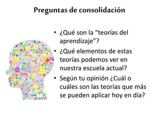 Preguntas de consolidación
• ¿Qué son la “teorías del
aprendizaje”?
• ¿Qué elementos de estas
teorías podemos ver en
nuestra escuela actual?
• Según tu opinión ¿Cuál o
cuáles son las teorías que más
se pueden aplicar hoy en día?
 
