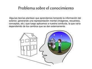 Problemasobreel conocimiento
Algunas teorías plantean que aprendemos tomando la información del
exterior, generando una representación mental (imágenes, recuerdos,
conceptos, etc.) que luego aplicamos a nuestra conducta, la que varía
dependiendo de los cambios que se den externamente.
 