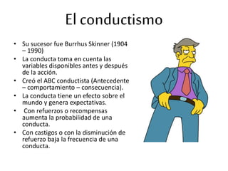 • Su sucesor fue Burrhus Skinner (1904
– 1990)
• La conducta toma en cuenta las
variables disponibles antes y después
de la acción.
• Creó el ABC conductista (Antecedente
– comportamiento – consecuencia).
• La conducta tiene un efecto sobre el
mundo y genera expectativas.
• Con refuerzos o recompensas
aumenta la probabilidad de una
conducta.
• Con castigos o con la disminución de
refuerzo baja la frecuencia de una
conducta.
El conductismo
 