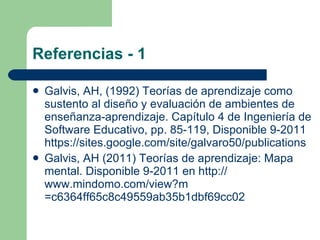 Referencias - 1 Galvis, AH, (1992) Teorías de aprendizaje como sustento al diseño y evaluación de ambientes de enseñanza-aprendizaje. Capítulo 4 de Ingeniería de Software Educativo, pp. 85-119, Disponible 9-2011  https://sites.google.com/site/galvaro50/publications   Galvis, AH (2011) Teorías de aprendizaje: Mapa mental. Disponible 9-2011 en  http:// www.mindomo.com/view?m =c6364ff65c8c49559ab35b1dbf69cc02   
