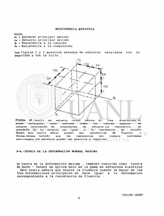 Donde
en - Esfuerzo p r i n c i p a l máximo
o% - Esfuerzo p r i n c i p a l mínimo
Si = R e s i s t e n c i a a la t e n s i ó n
Se = R e s i s t e n c i a a la compresión
Las f i g u r a s 1 y 2 muestran e s t a d o s de e s f u e r z o a s o c i a d o s con la
seguridad y con la f a l l a .
3-4.-TEORIA DE LA DEFORMACION NORMAL MÁXIMA
La t e o r í a de l a d e f o r m a c i ó n máxima , también c o n o c i d a como t e o r í a
de Saint - Venant s e a p l i c a s o l o en l a gama de e s f u e r z o s e l á s t i c o s
. Esta t e o r í a s e ñ a l a que o c u r r e l a f l u e n c i a cuando l a mayor de l a s
tres deformaciones p r i n c i p a l e s s e hace i g u a l a l a d e f o r m a c i ó n
correspondiente a l a r e s i s t e n c i a de f l u e n c i a .
 