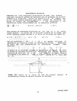 Ordénense l o s t r e s e s f u e r z o s p r i n c i p a l e s d e modo que o,i>o'2>o3
Luego para c u a l q u i e r e s t a d o d e e s f u e r z o que s e produzca un c í r c u l o
tangente a l a l i n e a BCD , e n t r e l o s puntos B y D . s e cumple que
en y C3 tienen s i g n o s o p u e s t o s para e s t e e s t a d o d e e s f u e r z o s e
api ica la t e o r l a d e Coulomb-Mohr , y l o s e s f u e r z o s y 1 as
resistencias e s t á n r e l a c i o n a d a s p o r l a s i g u i e n t e e c u a c i ó n
= 1 <yi > 0 . era < 0 ( 1 4 )
Para estados de e s f u e r z o s b i a x i a l e s en l o s que <7i y 03 t i e n e n
sianos i g u a l e s » l a t e o r í a d e l a f r i c c i ó n i n t e r n a e s l a misma q u e
la del e s f u e r z o normal máximo y l a f a l l a s e a n t i c i p a por medio d e
<71 - Si CTl > 0 , <73 = - S c era < 0 ( 1 5 )
Con las ecuaciones ( 14 ) y (
resistencia de f l u e n c i a o b i é n l a
de nuevo que l a s r e s i s t e n c i a s
positivas .
15 ) s e pueden u t i 1 i z a r l a
r e s i s t e n c i a ú l t i m a . O b s é r v e s e
se c o n s i d e r a n s i e m p r e como
La t e o r í a de l a f r i c c i ó n i n t e r n a s e muestra en l a f i g u r a 10 para
un estado de e s f u e r z o b i a x i a l l o s e s f u e r z o s que t i e n e n v a l o r e s
distintos de c e r o son OA y CTB . La g r á f i c a de e s t a f i gura
corresponde a un m a t e r i a l , como e l h i e r r o c o l a d o g r i s , en e l que
S«e > Sut .
FIGURA #10 Gráfica de la t e o r í a de falla por fricción
Coulomb-Mohr,para estados de esfuerzo biaxiales con Suc= 3Sut -
interna,© de
 
