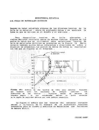 R E S I S T E N C I A E S T A T I C A
3 - 8 . - F A L L A DE MATERIALES D Ú C T I L E S
Después de haber e s t u d i a d o a l g u n a s d e l a s d i v e r s a s t e o r í a s d e l a
f a l l a de un m a t e r i a l , ahora s e e v a l u a r á n é s t a s y s e mostrará l a
forma en que s e a p l i c a n en e l d i s e ñ o y e l a n á l i s i s .
Para d é s a r r o i l a r t e o r í as d e f a l l a adecuadas y
viables ,MarintSí r e c o l e c t ó d a t o s d e muchas f u e n t e s .Algunos d e l o s
puntos de d a t o s que s e u t i 1 i z a r o n para se 1 e c c i o n a r t e o r í as de
f a l l a de m a t e r i a l e s d ú c t i l e s s e p r e s e n t a n en l a f i g u r a 11 .Marin
recopiló también muchos d a t o s r e f e r e n t e s a a l e a c i o n e s d e cobre y
níquel ; s i s e p r e s e n t a n . l o s puntos d e d a t o s d e é s t a s s e m e z c l a r í a n
con los que ya f i g u r a n en e l diagrama .
Tçrçrlo t^« -e. entrale.
úk d ü t o reten
• ALB&ciGftcs de- aLunr.ia
O ftcero
Tw*»a esfuerzo
cor-tonte náxmo
C.
ü O,*- oí 1P
~~ A/%
-HA — y»-
/i/7'  Cortante p'-A'O
HJ.S —
-10
—
FIGURA #11 Gráfica de dos t e o r í a s de falla. para esfuerzo biaxiales
que muestran como los resultados de ensayos confirman las
predicciones de las teorí as . Cualquier estado de esfuerzo se
considera seguro , si sus coordenadas definen un punto contenido
en la región de seguridad definida por cada gráfica respectiva.
La f i g u r a 11 s e ñ a l a que l a s t e o r í as d e l e s f u e r z o c o r t a n t e
máximo y l a t e o r í a d e l a e n e r g í a d e l a d i s t o r s i ó n r e s u l t a n
aceptables para e l d i s e ñ o y a n á l i s i s d e m a t e r i a l e s que f a l l a r í a n
de manera d ú c t i l .
 