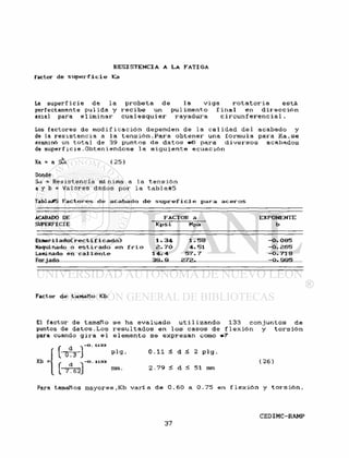 R E S I S T E N C I A A L A F A T I G A
Factor d e s u p e r f i c i e Ka
La s u p e r f i c i e de l a p r o b e t a de l a v i g a r o t a t o r i a e s t á
perfectamente p u l i d a y r e c i b e un p u l i m e n t o f i n a l en d i r e c c i ó n
axial para e l i m i n a r c u a l e s q u i e r r a y a d u r a c i r c u n f e r e n c i a l .
Los factores de m o d i f i c a c i ó n dependen de l a c a l i d a d d e l acabado y
de la r e s i s t e n c i a a l a t e n s i ó n . P a r a o b t e n e r una f ó r m u l a para K a . s e
examinó un t o t a l de 39 puntos de d a t o s * 6 para d i v e r s o s acabados
de superf i c i e .Obteniendose l a s i g u i e n t e e c u a c i ó n
Ka = a Sui ( 2 5 )
Donde
Sut = R e s i s t e n c i a mínima a la t e n s i ó n
a y b = V a l o r e s dados por l a t a b l a # 5
Tabla£5 F a c t o r e s d e a c a b a d o d e s u p r e f i c i e p a r a a c e r o s
ACABADO DE FACTOR a EXPONENTE
SUPERFICIE K p s i Mpa b
E s m e r i l a d o C r e c t i f i c a d o ) 1 . 3 4 1 . 5 8 - 0 . 0 8 5
Maquinado o e s t i r a d o e n f r í o 2 . 7 0 4 . 5 1 — 0 . 2 6 5
Laminado e n c a l i e n t e 1 4 . 4 5 7 . 7 - 0 . 7 1 8
F o r j a d o 3 9 . 9 2 7 2 . - 0 . 9 9 5
Factor d e t a m a ñ o Kb
El f a c t o r de tamaño s e ha e v a l u a d o u t i l i z a n d o 133 c o n j u n t o s de
puntos de d a t o s . L o s r e s u l t a d o s en 1 os c a s o s de f 1 e x i ó n y t o r s i ó n
para cuando g i r a e l e l e m e n t o se e x p r e s a n como +7
Kb =
' b V )
-O.1133
p l g . 0 . 1 1 < d < 2 p l g .
-O. 1133 ( 26 )
mm. 2.79 < d < 51 mm
( 7*62]
Para tamaños mayores,Kb v a r í a de 0.60 a 0.75 en f l e x i ó n y t o r s i ó n .
 