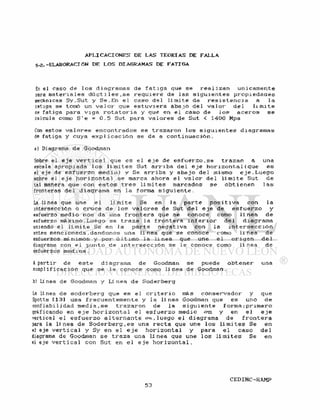 A P L I C A C I O N E S DE L A S T E O R I A S DE F A L L A
5-2.-ELABORACIÓN DE L O S DIAGRAMAS DE F A T I G A
£n el caso de l o s diagramas de f a t i g a que se r e a l i z a n únicamente
para m a t e r i a l e s d ú c t i l e s , s e r e q u i e r e de l a s s i g u i e n t e s p r o p i e d a d e s
mecánicas Sy.Sut y Se. En e l caso del 11 mi t e de r e s i s t e n c i a a l a
ratiga se tom6 un v a l o r que e s t u v i e r a a b a j o d e l v a l o r d e l l i m i t e
ae f a t i g a para v i g a r o t a t o r i a y que en e l caso de i o s a c e r o s s e
calcula como S ' e = 0 . 5 Sut para v a l o r e s de Sut < 1400 Mpa
Con estos v a l o r e s e n c o n t r a d o s se t r a z a r o n l o s s i g u i e n t e s diagramas
de f a t i g a y cuya e x p l i c a c i ó n se da a c o n t i n u a c i ó n .
a) Diagrama de Goodman
Sobre el e j e v e r t i c a 1 que es e l e j e de e s f u e r z o , s e t r a z a n a una
escala apropiada l o s l i m i t e s Sut a r r i b a del e j e h o r i z o n t a l (que e s
el eje de e s f u e r z o m e d i o ) y Se a r r i b a y a b a j o del mismo e j e . L u e g o
sobre el e j e h o r i z o n t a l se marca ahora e l v a l o r d e l l í m i t e Sut de
tal manera que con e s t o s t r e s l í m i t e s marcados se o b t i e n e n l a s
fronteras de 1 diagrama en la forma s i g u i e n t e .
La línea que une e l l í m i t e Se en la p a r t e p o s i t i v a con la
intersección o c r u c e de l o s v a l o r e s de Sut d e l e j e de e s f u e r z o y
esfuerzo medio nos da una f r o n t e r a que se conoce como l í nea de
esfuerzo máximo.Luego se t r a z a ia f r o n t e r a i n f e r i o r d e l diagrama
uniendo e l l í m i t e Se en la p a r t e n e g a t i v a con la i n t e r s e c c i ó n
antes mencionada.dándonos una lí nea que se conoce como U nea de
esfuerzos mínimos y por ú l t i m o la l i n e a que une e l o r i g e n d e l
diagrama con e l punto de i n t e r s e c c i ó n se l e conoce como l í n e a de
esfuerzos medios.
A partir de e s t e di agrama de Goodman se puede o b t e n e r una
simpl i f i c a c i ó n que se i e conoce como l í nea de Goodman.
b) Línea de Goodman y Línea de Soderberg
ta línea de s o d e r b e r g que es e l c r i t e r i o más c o n s e r v a d o r y que
Spotts [13] usa f r e c u e n t e m e n t e y la 11 nea Goodman que es uno de
confiabi 1 idad m e d i a , s e t r a z a r o n de la s i g u i e n t e forma ¡ p r i m e r o
gráficando en e j e h o r i z o n t a l e l e s f u e r z o medio o-m y en e l e j e
vertical e l e s f u e r z o a l t e r n a n t e c a , l u e g o e l diagrama de f r o n t e r a
para la lí nea de S o d e r b e r g , e s una r e c t a que une l o s l í m i t e s Se en
el eje v e r t i c a l y Sy en e l e j e h o r i z o n t a l y para e l caso d e l
diagrama de Goodman se t r a z a una l í nea que une l o s l í m i t e s Se en
el eje v e r t i c a l con Sut en e l e j e h o r i z o n t a l .
 