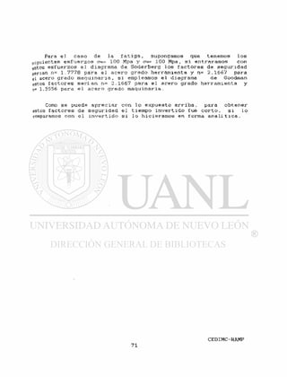 Para e l caso de la f a t i g a » supongamos que tenemos l o s
5 iguientes e s f u e r z o s <y™= 100 Mpa y 100 Mpa, s i entráramos con
estos e s f u e r z o s al diagrama de S o d e r b e r g l o s f a c t o r e s de s e g u r i d a d
serian n= 1.7778 para e l a c e r o grado herramienta y n= 2.1667 para
el acero grado m a q u i n a r i a , s i empleamos e l diagrama de Goodman
estos f a c t o r e s s e r i a n n= 2.1667 para e l acero grado herramienta y
!!=• 1.5556 para e l a c e r o grado m a q u i n a r i a .
Como se puede a p r e c i a r con l o expuesto a r r i b a , para o b t e n e r
estos f a c t o r e s de s e g u r i d a d e l tiempo i n v e r t i d o f u é c o r t o . s i l o
comparamos con e l i n v e r t ido s i l o h i c i eramos en forma a n a l í t i c a .
 