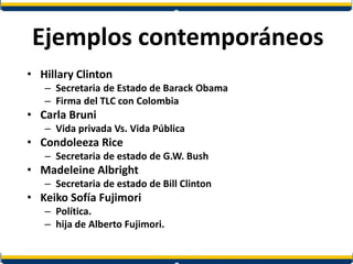 Ejemplos contemporáneos
• Hillary Clinton
– Secretaria de Estado de Barack Obama
– Firma del TLC con Colombia
• Carla Bruni
– Vida privada Vs. Vida Pública
• Condoleeza Rice
– Secretaria de estado de G.W. Bush
• Madeleine Albright
– Secretaria de estado de Bill Clinton
• Keiko Sofía Fujimori
– Política.
– hija de Alberto Fujimori.
 