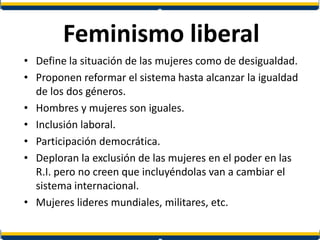 Feminismo liberal
• Define la situación de las mujeres como de desigualdad.
• Proponen reformar el sistema hasta alcanzar la igualdad
de los dos géneros.
• Hombres y mujeres son iguales.
• Inclusión laboral.
• Participación democrática.
• Deploran la exclusión de las mujeres en el poder en las
R.I. pero no creen que incluyéndolas van a cambiar el
sistema internacional.
• Mujeres lideres mundiales, militares, etc.
 