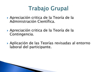 Teóricos de la Ciencia del ComportamientoPrimeras Teorías del Liderazgo: Las teorías de liderazgo identifican los comportamientos que establecen la diferencia entre los lideres que son eficaces y los que no lo son.Teorías Conductuales:  Universidad de Iowa Estilo Autocrático: Líder centraliza la autoridad, impone los métodos de trabajo, toma de decisiones unilaterales y limita la participación de subordinados.Estilo Democrático: Líder tiende a involucrar a los subordinados en la toma de decisiones, delega autoridad, alimenta la participación para decidir los métodos de trabajo y utiliza la retroalimentación. Estilo Laissez – Faire: Líder concede al grupo una libertad total para tomar decisiones y llevar a cabo el trabajo en la forma en que sus miembros estimen más conveniente.