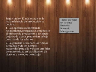 Según taylor, El mal estado en la mala eficiencia de producción se debía a:1- Los operarios realizaban la holgazanería, reduciendo a propósito el proceso de producción a un tercio de jornada diaria, para evitar la baja de tarifa de los salarios2- La gerencia desconoce las rutinas de trabajo y de los tiempos requeridos para ello y existe una falta de uniformidad en la aplicación de técnicas y métodos de trabajo.Taylor propone un sistema llamado: Scientific Management