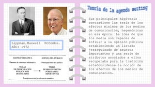 Lippman,Maxwell McCombs.
AÑO: 1972
Sus principales hipótesis
contradicen las tesis de los
efectos mínimos de los medios
de comunicación, hegemónicas
en esa época. La idea de que
los media son capaces de
influir a la opinión pública
estableciendo un listado
jerarquizado de asuntos
importantes y una serie de
atributos asociados a ellos
recuperaba para la tradición
estadounidense la noción de
los efectos de los medios de
comunicación.
 