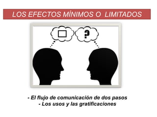 LOS EFECTOS MÍNIMOS O LIMITADOS
- El flujo de comunicación de dos pasos
- Los usos y las gratificaciones
 
