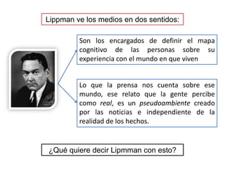 Lippman ve los medios en dos sentidos:
Son los encargados de definir el mapa
cognitivo de las personas sobre su
experiencia con el mundo en que viven
Lo que la prensa nos cuenta sobre ese
mundo, ese relato que la gente percibe
como real, es un pseudoambiente creado
por las noticias e independiente de la
realidad de los hechos.
¿Qué quiere decir Lipmman con esto?
 