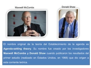 El nombre original de la teoría del Establecimiento de la agenda es
Agenda-setting theory. Su nombre fue creado por los investigadores
Maxwell McCombs y Donald Shaw cuando publicaron los resultados del
primer estudio (realizado en Estados Unidos, en 1968) que dio origen a
esta corriente teórica.
Donald ShawMaxwell McCombs
 
