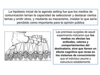 La hipótesis inicial de la agenda setting fue que los medios de
comunicación tenían la capacidad de seleccionar y destacar ciertos
temas y omitir otros, y mediante es mecanismo, instalar lo que sería
percibido como importante para la opinión pública
Las premisas surgidas de aquel
experimento indicaron que los
medios no afectan las
actitudes, valores y
comportamientos del
destinatario, sino que tienen un
efecto cognitivo que recae en
los sistemas de conocimiento
que el individuo asume y
estructura establemente.
 