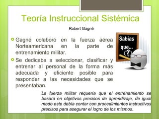Teoría Instruccional Sistémica
                         Robert Gagné

 Gagné   colaboró en la fuerza aérea
  Norteamericana     en  la   parte de
  entrenamiento militar.
 Se dedicaba a seleccionar, clasificar y
  entrenar al personal de la forma más
  adecuada y eficiente posible para
  responder a las necesidades que se
  presentaban.
            La fuerza militar requería que el entrenamiento se
            basara en objetivos precisos de aprendizaje, de igual
            modo este debía contar con procedimientos instructivos
            precisos para asegurar el logro de los mismos.
 