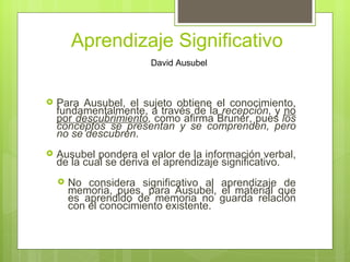 Aprendizaje Significativo
                        David Ausubel



   Para Ausubel, el sujeto obtiene el conocimiento,
    fundamentalmente, a través de la recepción, y no
    por descubrimiento, como afirma Bruner, pues los
    conceptos se presentan y se comprenden, pero
    no se descubren.
   Ausubel pondera el valor de la información verbal,
    de la cual se deriva el aprendizaje significativo.
       No considera significativo al aprendizaje de
        memoria, pues, para Ausubel, el material que
        es aprendido de memoria no guarda relación
        con el conocimiento existente.
 