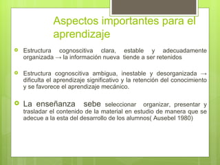 Aspectos importantes para el
               aprendizaje
   Estructura cognoscitiva clara, estable y adecuadamente
    organizada → la información nueva tiende a ser retenidos

   Estructura cognoscitiva ambigua, inestable y desorganizada →
    dificulta el aprendizaje significativo y la retención del conocimiento
    y se favorece el aprendizaje mecánico.

   La enseñanza           sebe    seleccionar organizar, presentar y
    trasladar el contenido de la material en estudio de manera que se
    adecue a la esta del desarrollo de los alumnos( Ausebel 1980)
 
