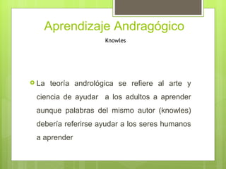 Aprendizaje Andragógico
                      Knowles




 La   teoría andrológica se refiere al arte y
 ciencia de ayudar a los adultos a aprender
 aunque palabras del mismo autor (knowles)
 debería referirse ayudar a los seres humanos
 a aprender
 