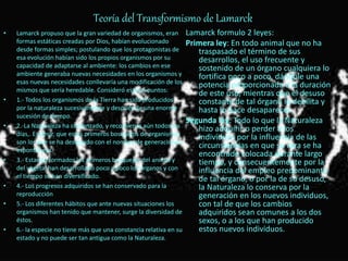 Teoría del Transformismo de Lamarck
• Lamarck propuso que la gran variedad de organismos, eran
formas estáticas creadas por Dios, habían evolucionado
desde formas simples; postulando que los protagonistas de
esa evolución habían sido los propios organismos por su
capacidad de adaptarse al ambiente: los cambios en ese
ambiente generaba nuevas necesidades en los organismos y
esas nuevas necesidades conllevaría una modificación de los
mismos que sería heredable. Consideró estos 6 puntos:
• 1.- Todos los organismos de la Tierra han sido producidos
por la naturaleza sucesivamente y después de una enorme
sucesión de tiempo.
• 2.-La Naturaleza ha comenzado, y recomienza aún todos los
días,. Es decir, que estos primeros bosquejos de organismos
son los que se ha designado con el nombre de generaciones
espontáneas.
• 3.- Estando formados los primeros bosquejos del animal y
del vegetal han desarrollado poco a poco los órganos y con
el tiempo se han diversificado.
• 4.- Los progresos adquiridos se han conservado para la
reproducción
• 5.- Los diferentes hábitos que ante nuevas situaciones los
organismos han tenido que mantener, surge la diversidad de
éstos.
• 6.- la especie no tiene más que una constancia relativa en su
estado y no puede ser tan antigua como la Naturaleza.
Lamarck formulo 2 leyes:
Primera ley: En todo animal que no ha
traspasado el término de sus
desarrollos, el uso frecuente y
sostenido de un órgano cualquiera lo
fortifica poco a poco, dándole una
potencia proporcionada a la duración
de este uso, mientras que el desuso
constante de tal órgano le debilita y
hasta lo hace desaparecer.
Segunda ley: Todo lo que la Naturaleza
hizo adquirir o perder a los
individuos por la influencia de las
circunstancias en que su raza se ha
encontrado colocada durante largo
tiempo, y consecuentemente por la
influencia del empleo predominante
de tal órgano, o por la de su desuso,
la Naturaleza lo conserva por la
generación en los nuevos individuos,
con tal de que los cambios
adquiridos sean comunes a los dos
sexos, o a los que han producido
estos nuevos individuos.
 