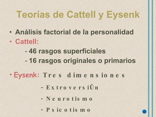 Teorías de Cattell y Eysenk Análisis factorial de la personalidad Cattell: 46 rasgos superficiales 16 rasgos originales o primarios Eysenk:  Tres dimensiones - Extroversión  - Neurotismo - Psicotismo 