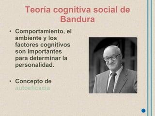Teoría cognitiva social de Bandura Comportamiento, el ambiente y los factores cognitivos son importantes para determinar la personalidad. Concepto de  autoeficacia 