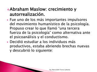  Abraham     Maslow: crecimiento y
    autorrealización.
   Fue uno de los más importantes impulsores
    del movimiento humanístico de la psicología.
    Propuso crear lo que llamó “una tercera
    fuerza de la psicología” como alternativa ante
    el psicoanálisis y el conductismo.
   Decidió estudiar a los individuos más
    productivos, estaba abriendo brechas nuevas
    y descubrió lo siguiente:




                          Ing. María Edith Torres Gallardo.
 