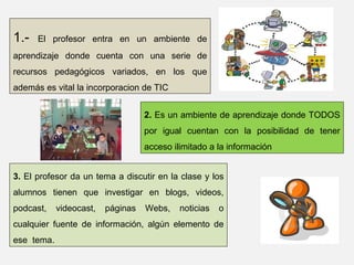 1.-    El  profesor  entra  en  un  ambiente  de 
aprendizaje  donde  cuenta  con  una  serie  de 
recursos  pedagógicos  variados,  en  los  que 
además es vital la incorporacion de TIC


                                   2. Es un ambiente de aprendizaje donde TODOS 
                                   por  igual  cuentan  con  la  posibilidad  de  tener 
                                   acceso ilimitado a la información


3. El profesor da un tema a discutir en la clase y los 
alumnos  tienen  que  investigar  en  blogs,  videos, 
podcast,  videocast,  páginas  Webs,  noticias  o 
cualquier  fuente  de  información,  algún  elemento  de 
ese  tema. 
 