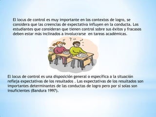 El locus de control es muy importante en los contextos de logro, se
considera que las creencias de expectativa influyen en la conducta. Los
estudiantes que consideran que tienen control sobre sus éxitos y fracasos
deben estar más inclinados a involucrarse en tareas académicas.
El locus de control es una disposición general o específica a la situación
refleja expectativas de los resultados . Las expectativas de los resultados son
importantes determinantes de las conductas de logro pero por sí solas son
insuficientes (Bandura 1997).
 